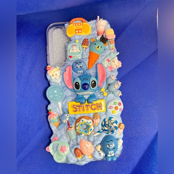 Handmade Stitch Blue Decoden custom Phone Case with Pastel Charms handmade - Picture 4 of 11